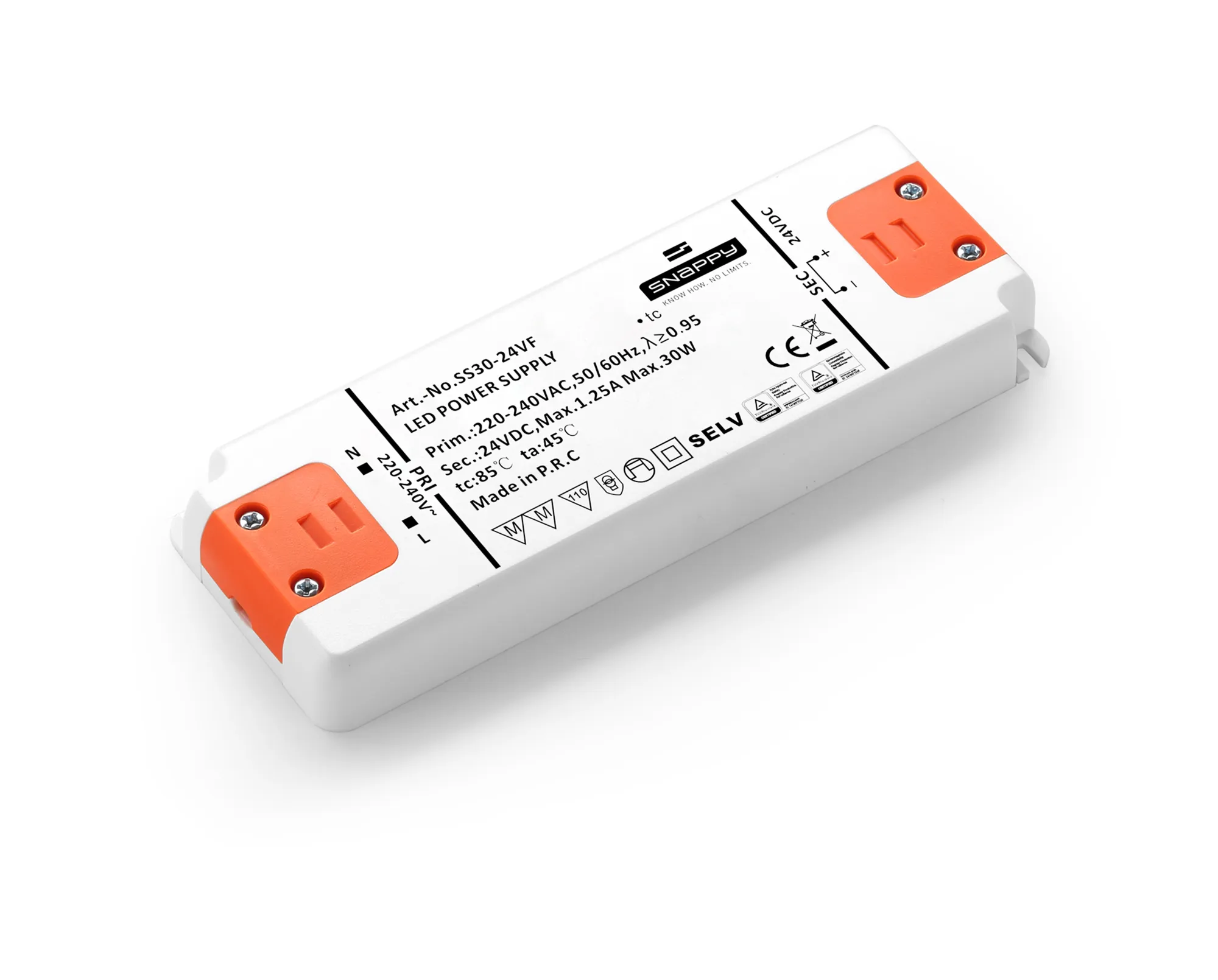 SS30-24VF  SS, 30W, Constant Voltage Non Dimmable PC LED Driver, 24VDC, 1.25A, Pf>0.9, Efficency >80%, TC:+85?, TA:45?, IP20, Screw Connection, 3 yrs Warranty.